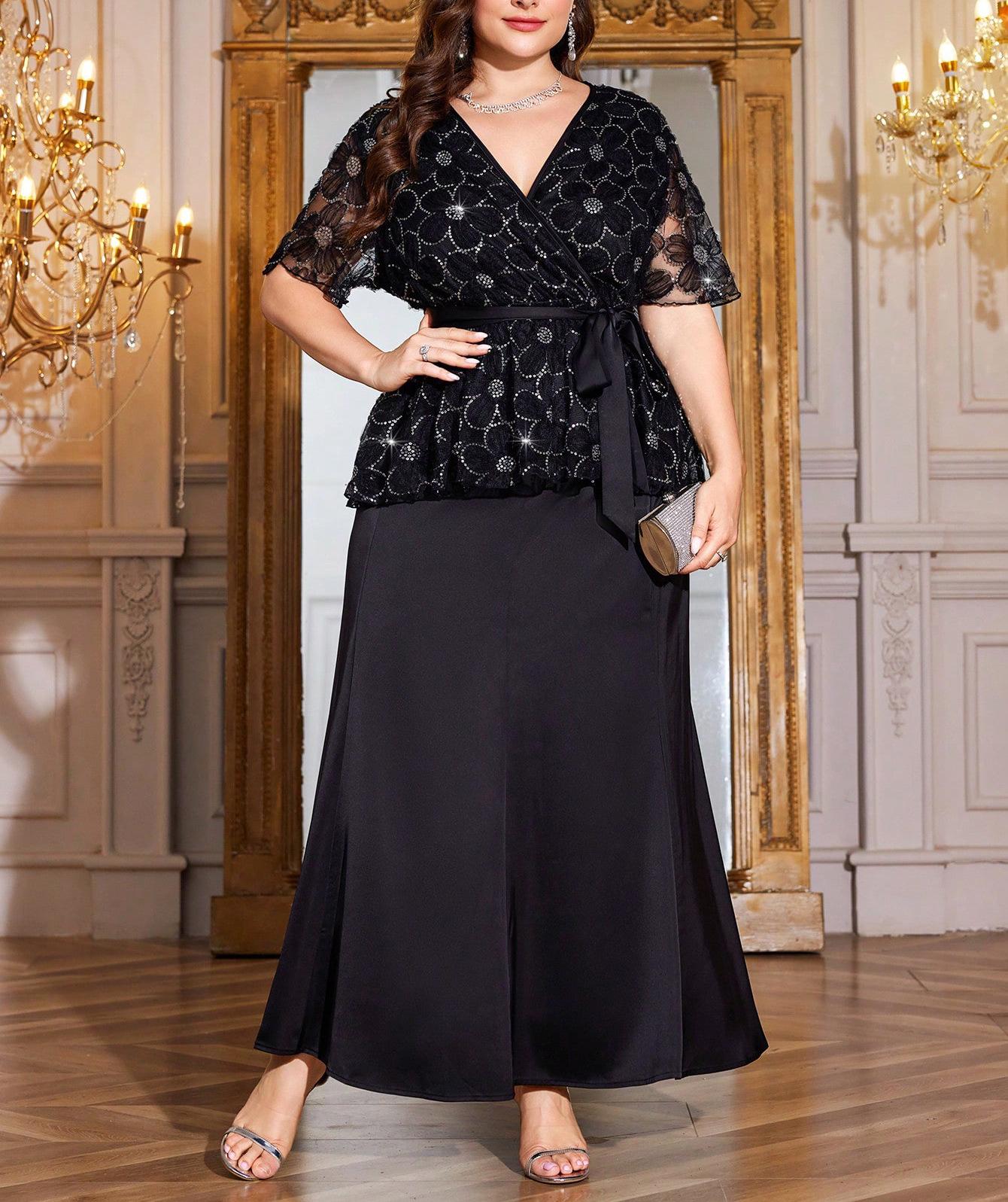 V-Neck Puff Sleeve Sequin Top & High-Waisted Skirt Two-Piece Set for Women XXXL+ чёрный