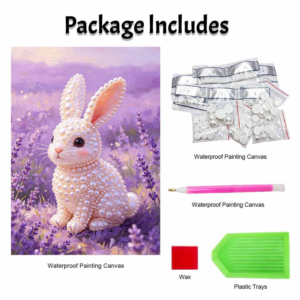 Pearl painting kit features a cute rabbit in a lavender field with 5D pearls and a mosaic art style. home wall decoration.