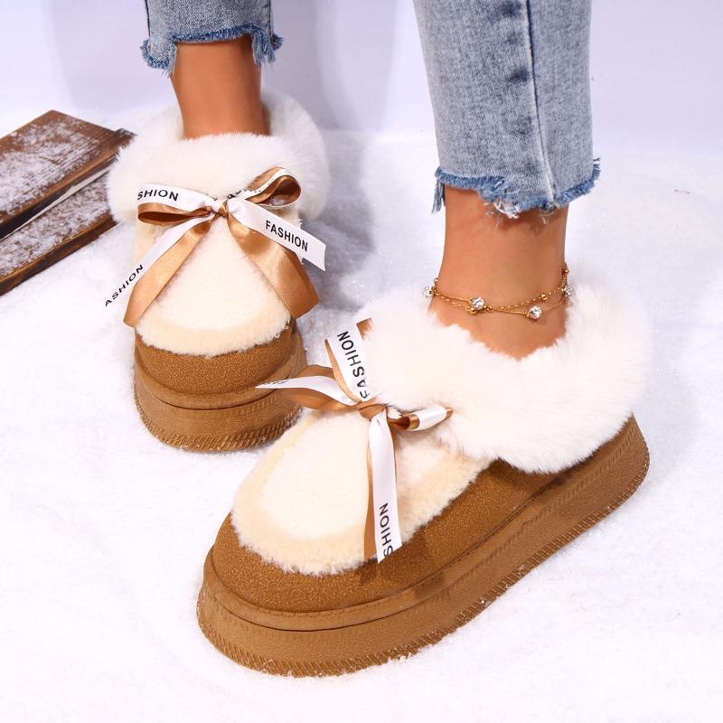 Fashion Multicolor Platform Round Toe Deep Mouth Bow Cover Feet Plus Suede Anti-Slip Wear-Resistant Flat Snow Boots