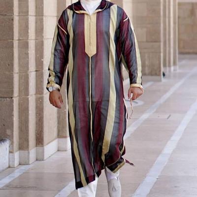 Striped Print Hooded Men Robe Lightweight Long Sleeve Lapel Loose Men Robe Traditional Clothing