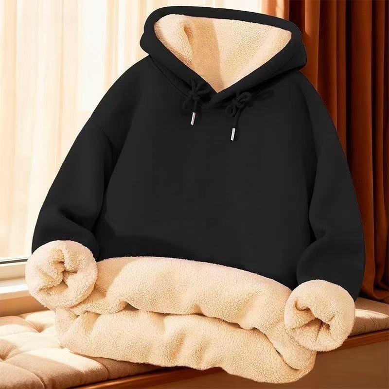 Men's Lambswool Hooded Sweatshirt, Plus Velvet, Warm and Loose for Autumn/Winter.