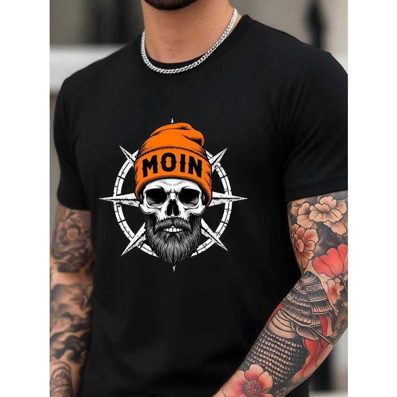 T-shirt Grafica da Uomo - Con Design Teschio e Barba con Testo MOIN, Realizzata in Tessuto Micro-Elasticizzato, Vestibilità Regolare per Abbigliamento Estivo Casual