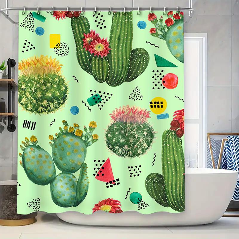 

Green Cactus Shower Curtain Floral Print Bathroom Decor Faux Washed Linen Fabric Watercolor Design 72 X 84 Inches For Home Decor W60H190(CM)-1 Pcs