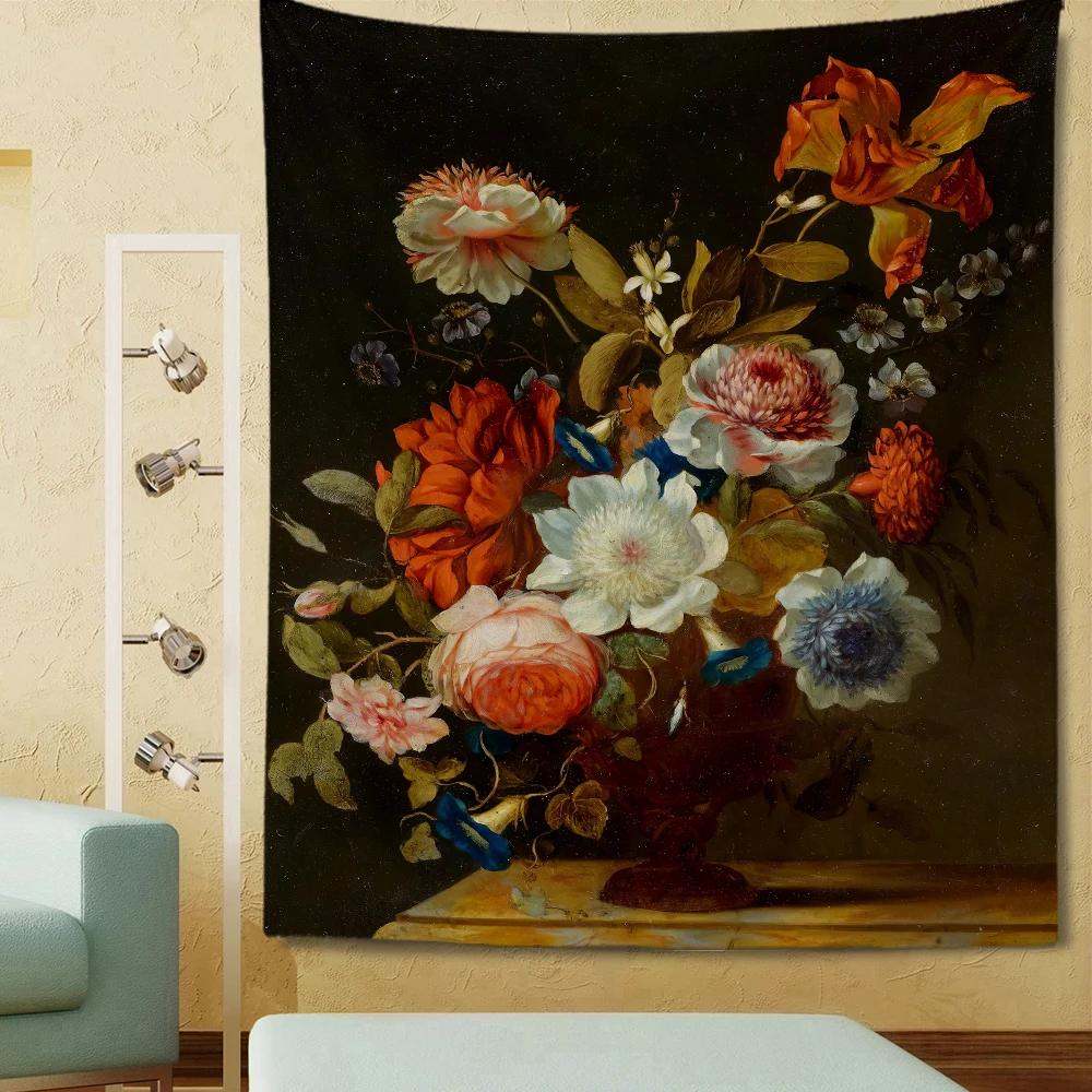 Vintage Style Flowers Tapestry Oil Painting Tapestry Wall Hanging Home Living Room Bedroom Dorm Art Decoration Tapestries