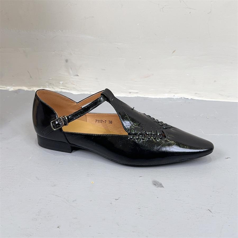 Johnature Genuine Leather Buckle Strap Women's Shoes French Style Versatile Temperament Pointed Flat Shoes