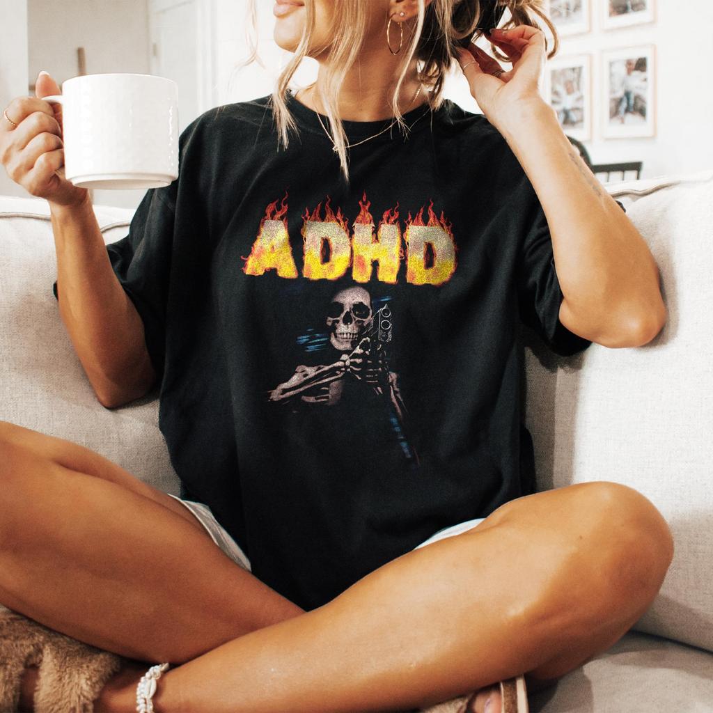 Funny ADHD Skeleton Graphic Tee Overstimulated Meme Shirt Summer Mens and Womens Loose and Breathable Tshirt Top