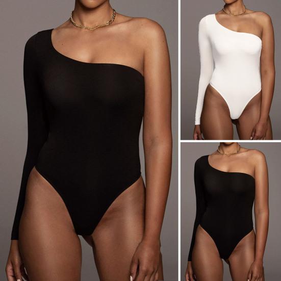 Women Jumpsuit Solid Color Extra Soft High Waist One-shoulder Design Washable Dress-up Polyester Summer Sexy One-Piece Women Bodysuit for Women