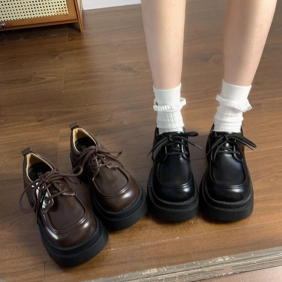 British style platform versatile thick heel heightening single shoes brown retro lace-up small leather shoes women's autumn 2024 new models