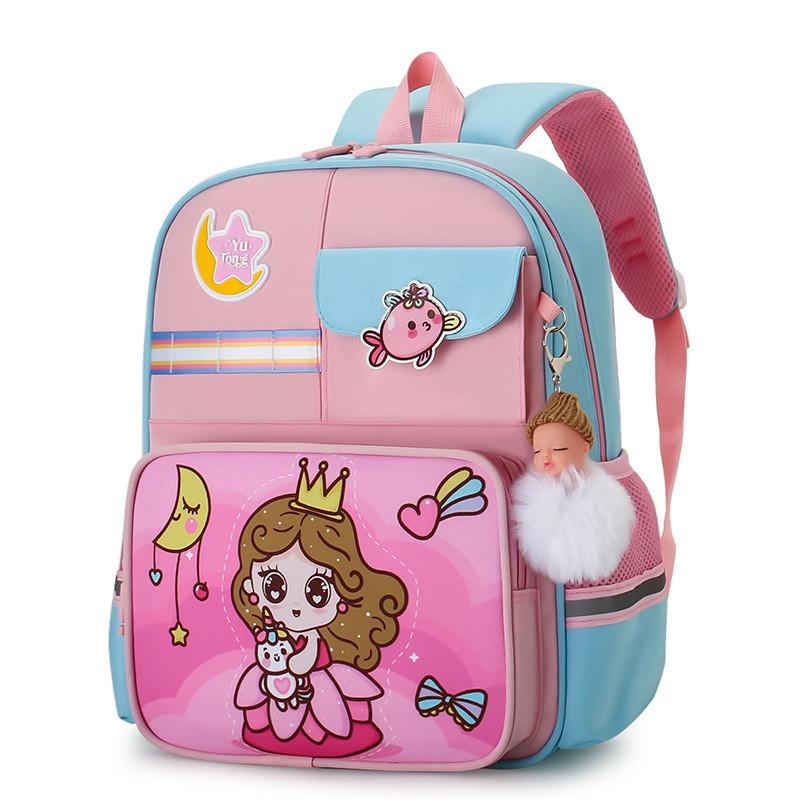 

Cute Cartoon Backpack For 1-2 Grade Kids Lightweight Breathable Nylon Material Load Reduction Animal Pattern Blue Pink