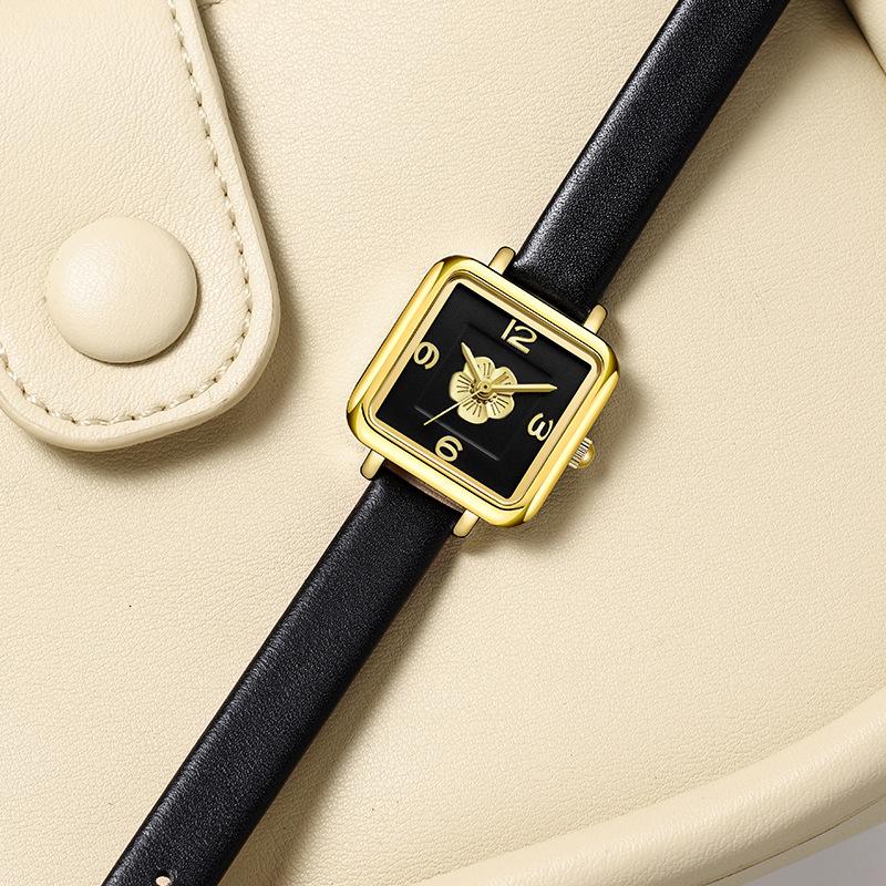 Light Luxury Camellia Women'S Watch High Value Small Sugar Cube Student Watch Niche High-End Black Gold Quartz Watch