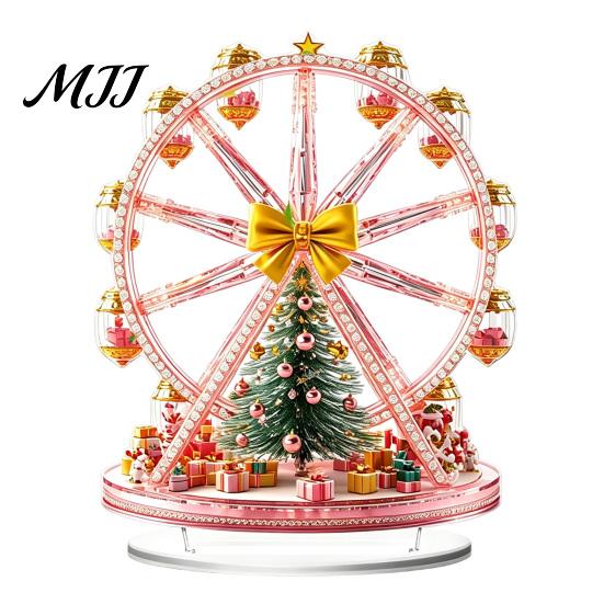 Ferris Wheel Display 2D Acrylic Christmas Tabletop Decoration, Festive Village Scene Ornament Playground Theme with Snowman & Trees, Holiday
