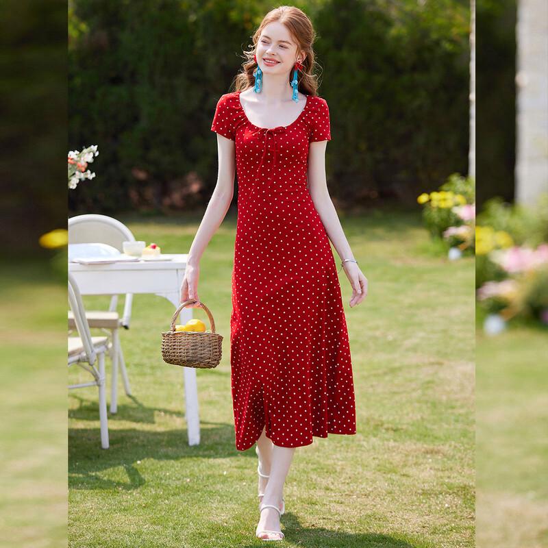 Bailuyu Women's Polka Dot U-Neck Slim-Fit Long Dress