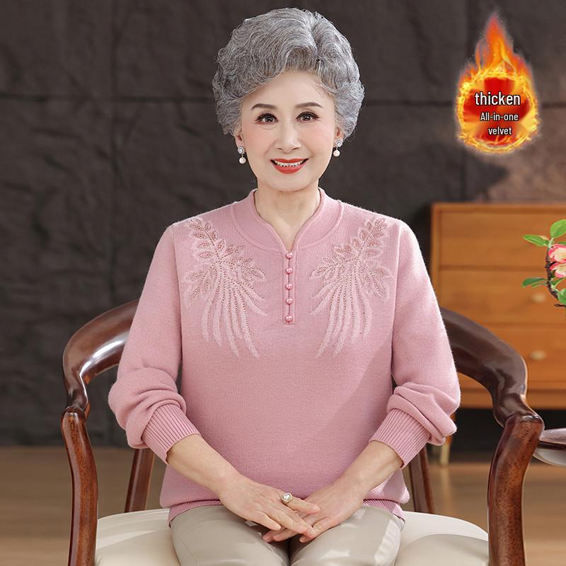 Cozy Winter Sweater for Elderly Women: Velvet-Lined, Half-High Collar, Stylish Base Layer for Autumn.