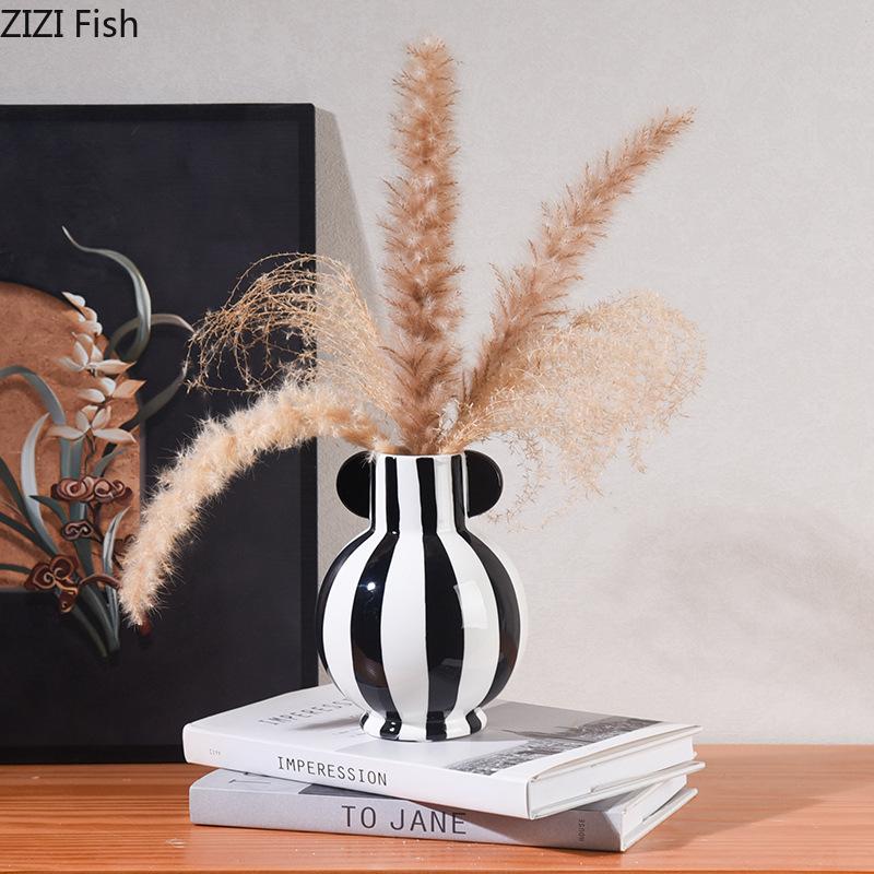 Minimalist White Stripes Ceramic Vase Hydroponics Flower Pots Desk Decoration Flower Arrangement Vases Room Aesthetic Decor