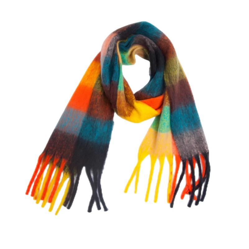 Winter Yarn Thicken Style Luxury Multicolour Plaid Faux Mohair Scarf Women Tassel Long Ring