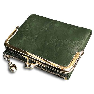 Damen-Geldbörse, kurze Bifold-Retro-Multifunktions-Geldbörse mit Reißverschluss und Kussverschluss, grünes PU-Leder, kurze Damen-Geldbörsen