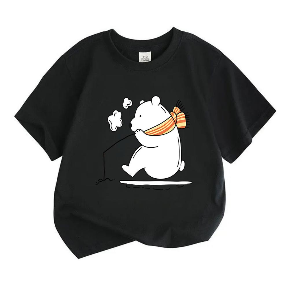 Cute Cartoon Polar Bear Ice Skating Print Kids T Shirt 100% Cotton Unisex Boys Girls Crew Neck Short Sleeve Casual Comfortable Tees for Daily Wear