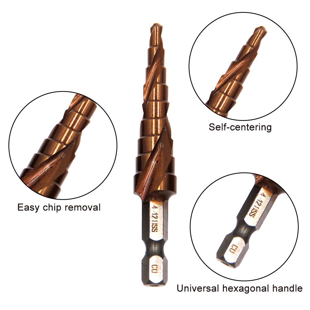 M35 Cobalt Containing Hexagonal Spiral Step Drill Stainless Steel Tapping 3-12/4-12mm Pagoda Drill Cutting Tool Drill Bit Tool