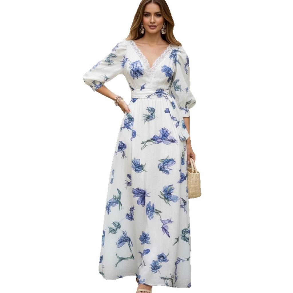 European and American New, Bohemian Print Lantern Sleeve V-neck Women's Dress