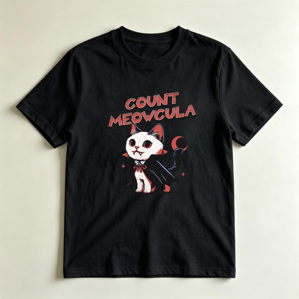 Retro Cartoon Vampire Cat Shirt Count Meowcula Halloween Kitten Crescent Moon Graphic Vintage Funny Animal Print Unisex Casual T