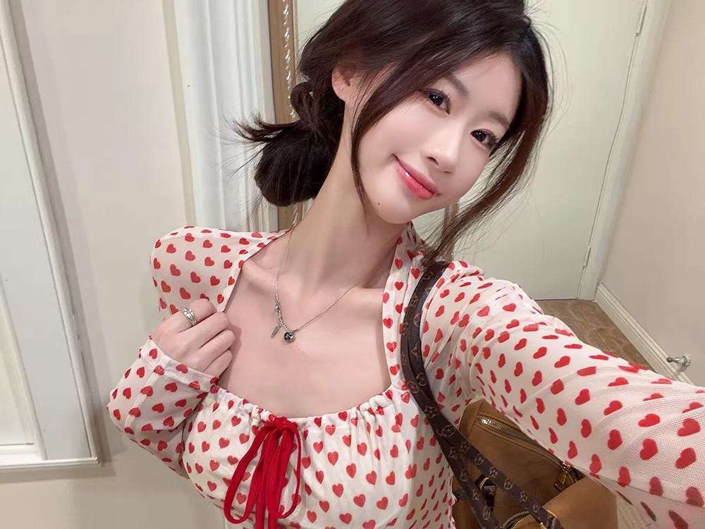 Korean Pink Heart Polka Dot Square Neck Long Sleeve Tee