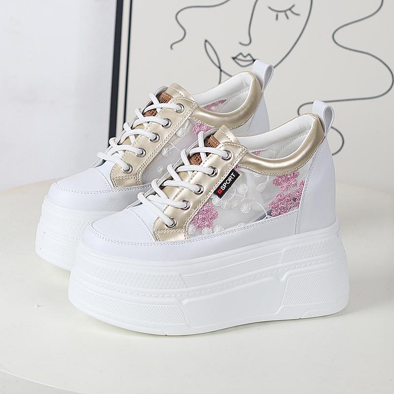 

Модные 12 см Повседневные дышащие вулканизированные клиновидные кроссовки на массивной платформе из натуральной кожи Весенние Белые Летняя мода Осенняя обувь на платформе 35 розовый