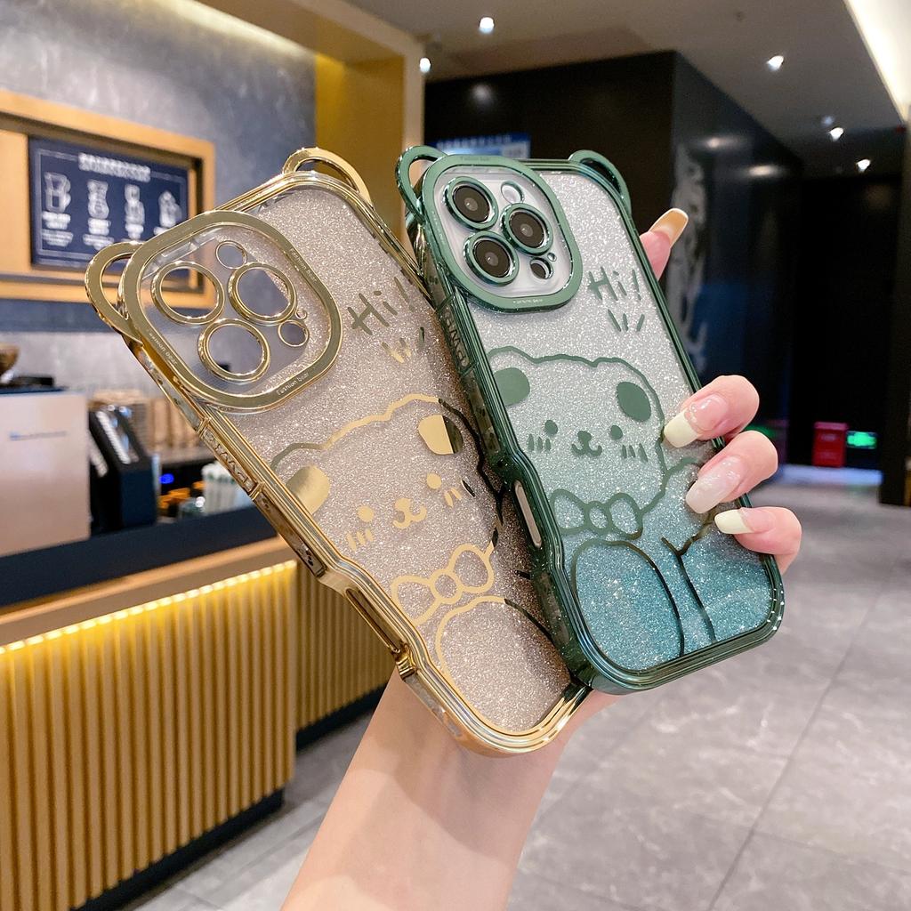 For iPhone 16 Pro Case Cute Bear Electroplating TPU Phone Cover with Gradient Glitter Paper