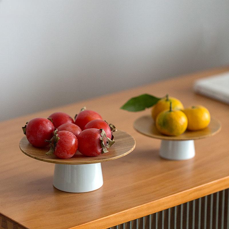 Obstschale aus Bambusholz, Holzgeschirr, Dessert-Snack-Geschirr, Keramikteller, hochwertige Serviertabletts, Couchtisch, Tee-Untertasse, Tortenständer