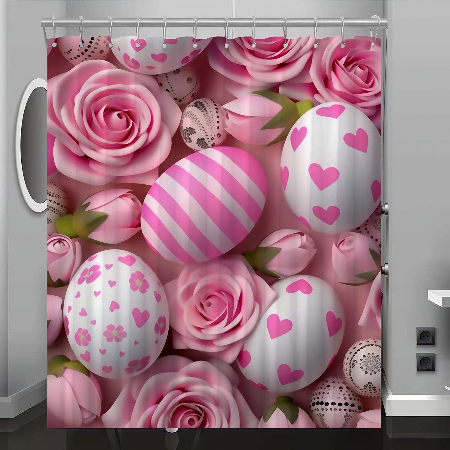 

Pink Rose & Egg Print Shower Curtain - Romantic Bath Decor With Heart-Shaped Eggs Heartthemed Decor | Durable Shower Curtain W60H190(CM)-1 Pcs