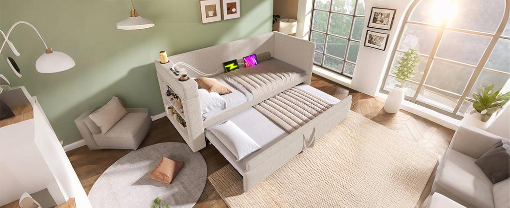 Upholstered daybed 90x190 cm, sofa bed, pull-out bed, armrests, USB & Type-C charging port, cup holder, linen blend fabric, beige, without mattress.