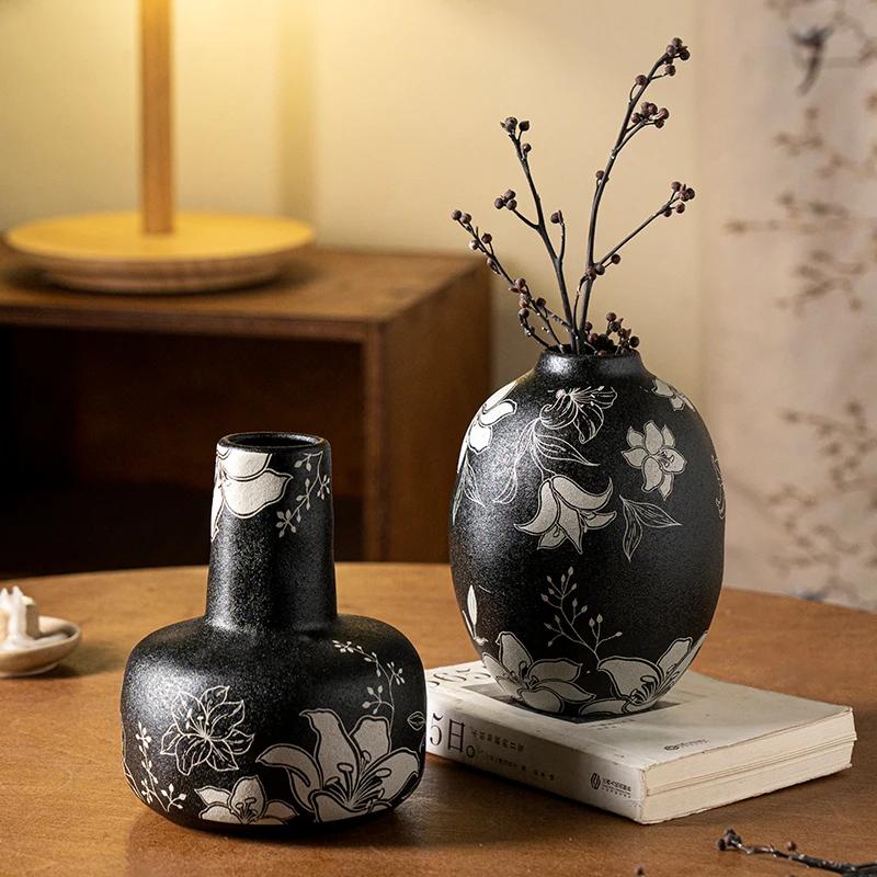 Creative Unique Black Ceramic Vases Home Living Room Desktop Decoration Exquisite Dining Table Flowers Arrangement Vase