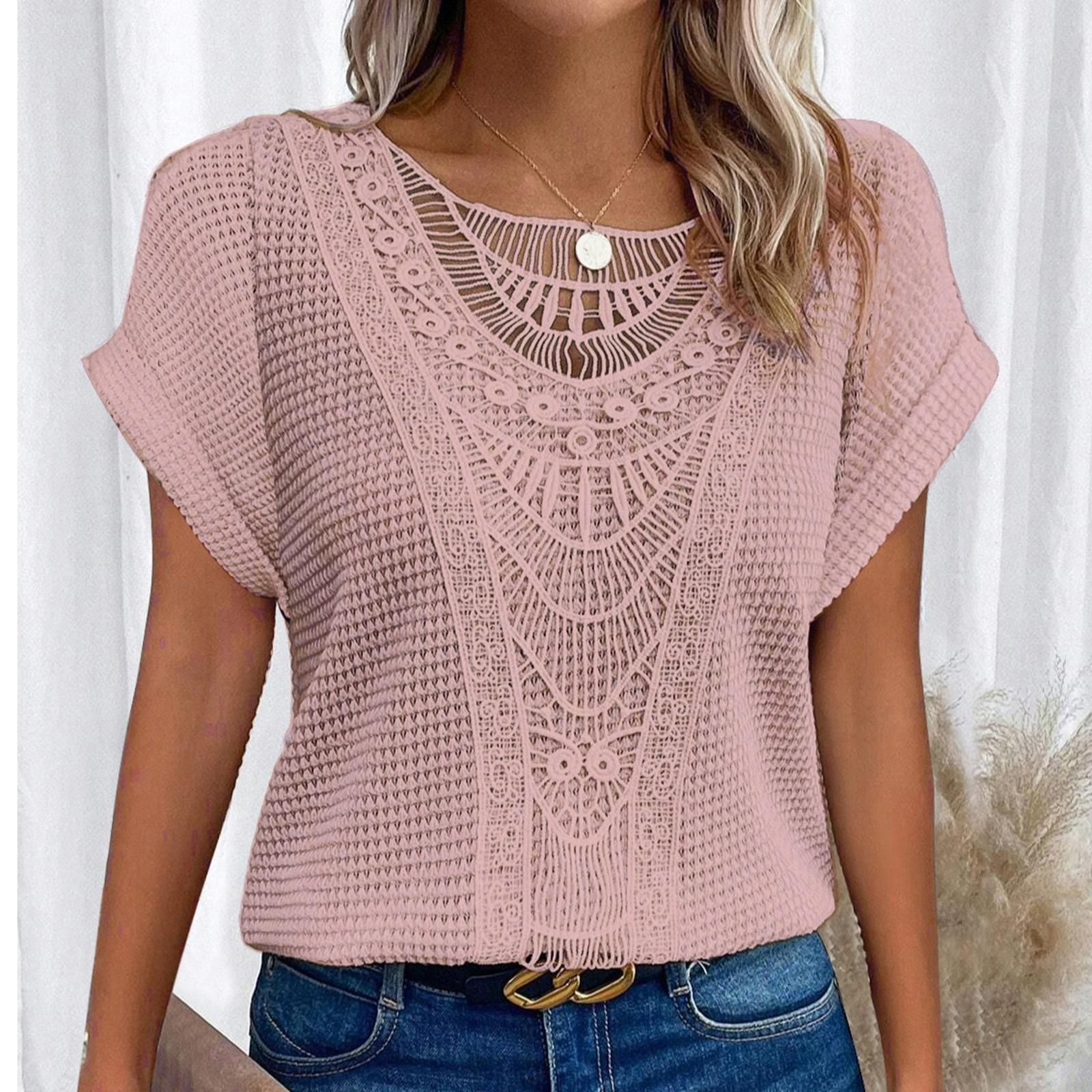

Женские весенне-летние кружевные футболки с короткими рукавами и топами XXL розовый