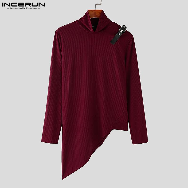 INCERUN Men Turtleneck Long Sleeve Patchwork Irregular Thin Rib Tops Undershirts