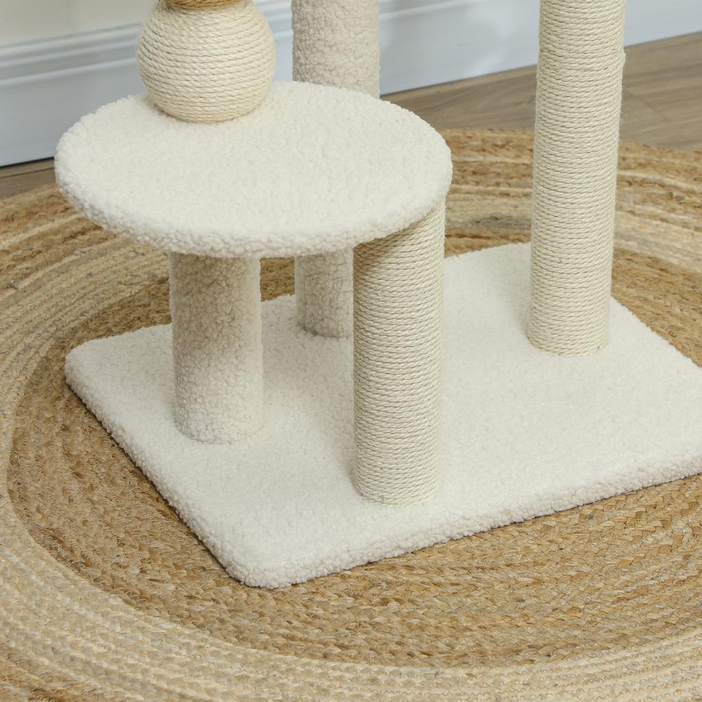 Cat Tower with Bed, Platform and Toy Ball, Made of Wood, Plush and Jute, 48.5x40x76 cm, Beige