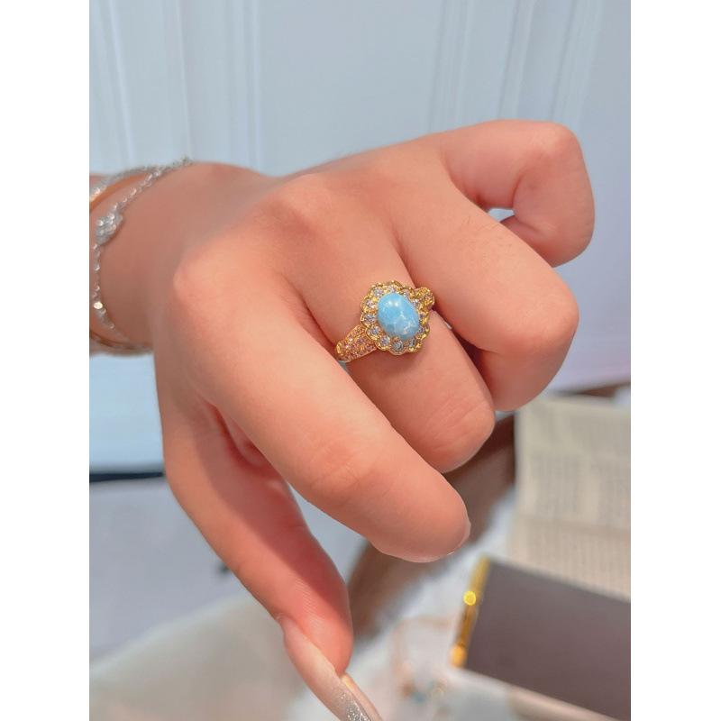 Vintage Meer Muster Stein Anhänger Halskette Set Damen Nische Leichter Luxus Premium Blau Schlüsselbeinkette Ring Ohrstecker