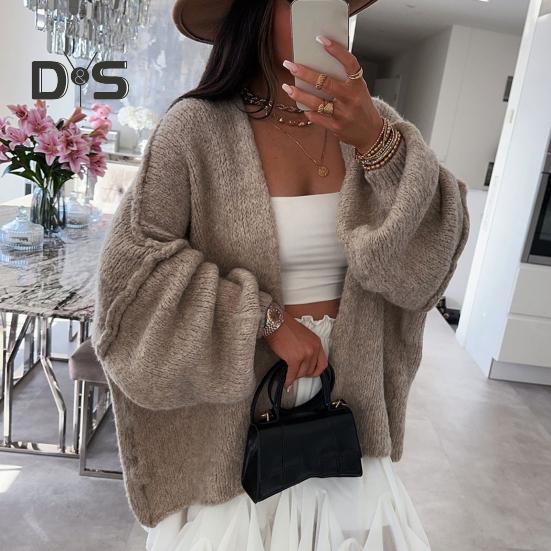 Cardigan feminino lanterna manga longa cor sólida oversized malha cardigan frente aberta leve suéter outwear