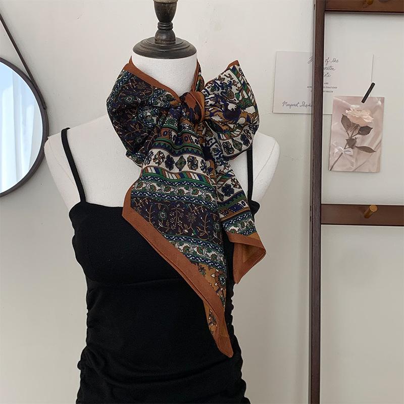 

Spring and Autumn silk scarf women s double-layer fashion long scarf imitation silk hair feel scarf neck protection versatile long diagonal scarf