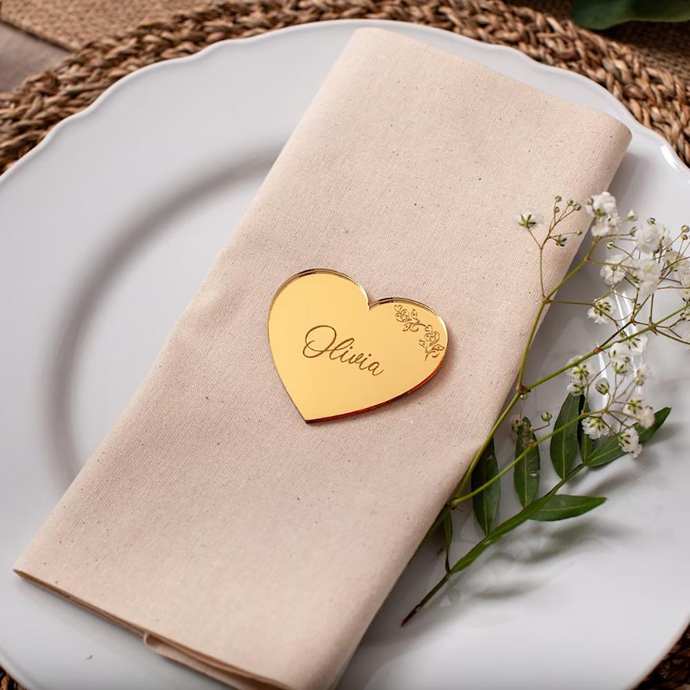 Personalized 5Pcs Heart Acrylic Mirror Place Card Wedding Favor Guest Table Decor Name Tags  Bridal Shower Engagement Hen Party
