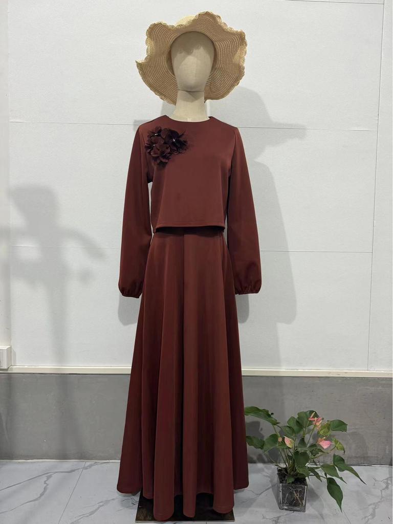 Autumn  Dubai Floral Lantern Sleeve Loose Dress & Skirt Set for Women