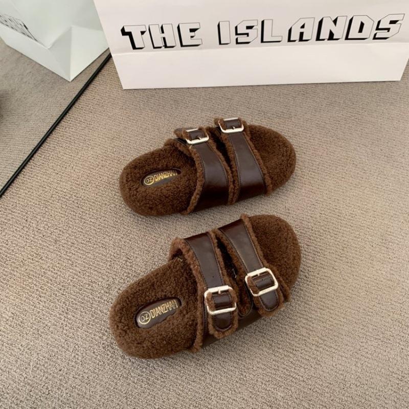 

Hollow warm fashion versatile Internet celebrity thick bottom sandals 2025 autumn and winter new casual fluffy slippers women s wear 40 темно-коричневого