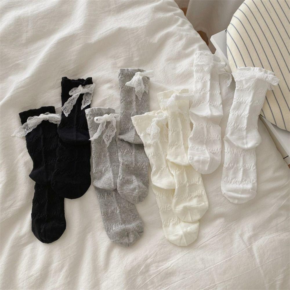 3Pairs Ins Style Mid Tube Socks Thin Sweet Socks Women Cute Lace Bow Socks  Girl