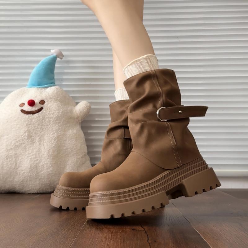 Fashion Thick Bottom Women Western Cowboy Boots Fashion Belt Buckle Autumn Winter Female Slip On Mid Calf Booties