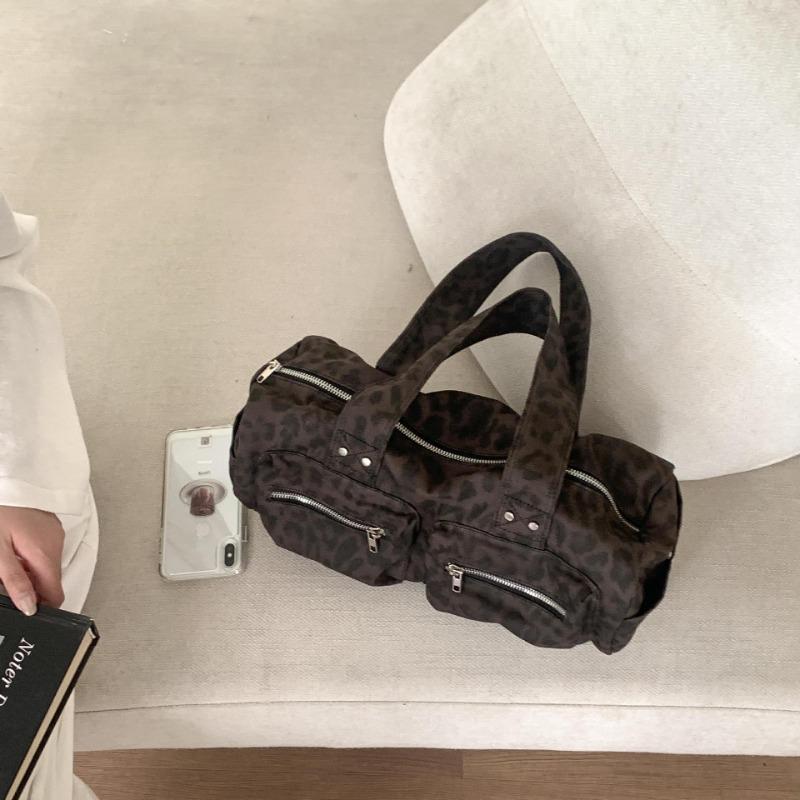 Cylinder leopard print bag retro multi-mouth handbag large capacity new niche high-end shoulder bag women