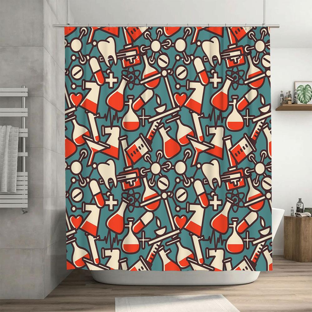 Medical Pattern Shower Curtain Blue and Red Science Lab Print Bath Room Decor for Kids and Adults Waterproof Fabric Shower Curta