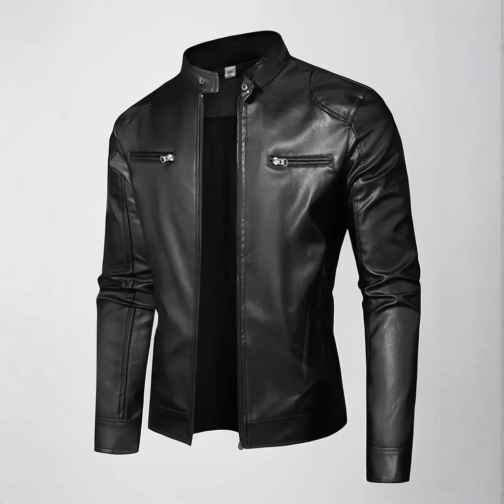 European size men's PU leather jacket light business slim leather jacket zipper cardigan fake pocket decoration