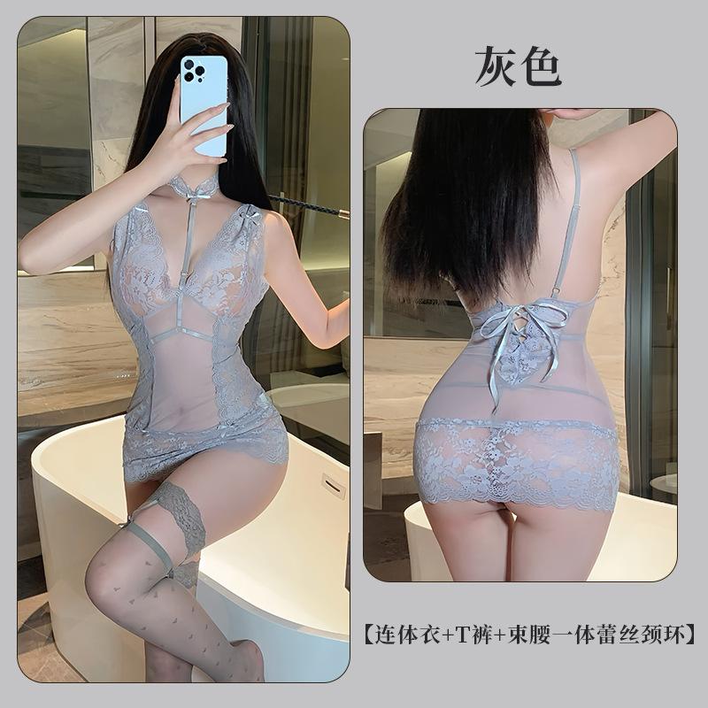 Deep V dew ditch lace sexy underwear sexy lace perspective hip skirt uniform clothes qqny99