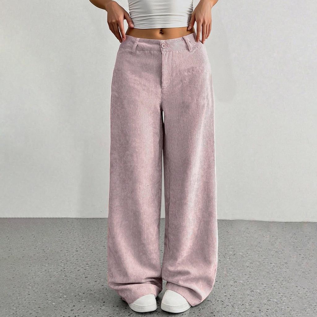 Corduroy Pants For Women Casual Elastic Waist Straight Leg Pants Loose Comfy Trousers With Pockets
