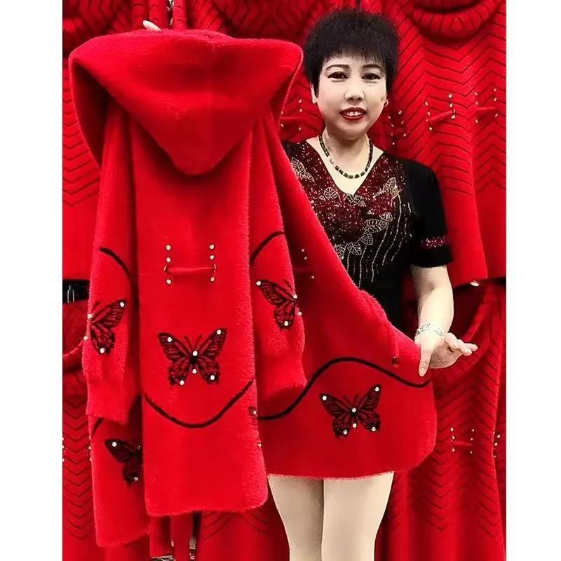 Women's Thickened Warm Imitation Mink Fleece Coat for Fall/Winter Long-Length Hooded Wool Coat for Middle-Aged and Elderly Women