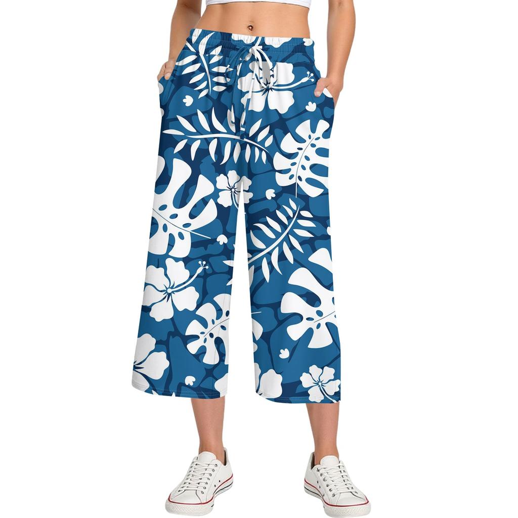 Damen Sommer Hohe Taille Bedruckte Freizeit-Sportbekleidung Lässige Cropped-Hose Weite Hose