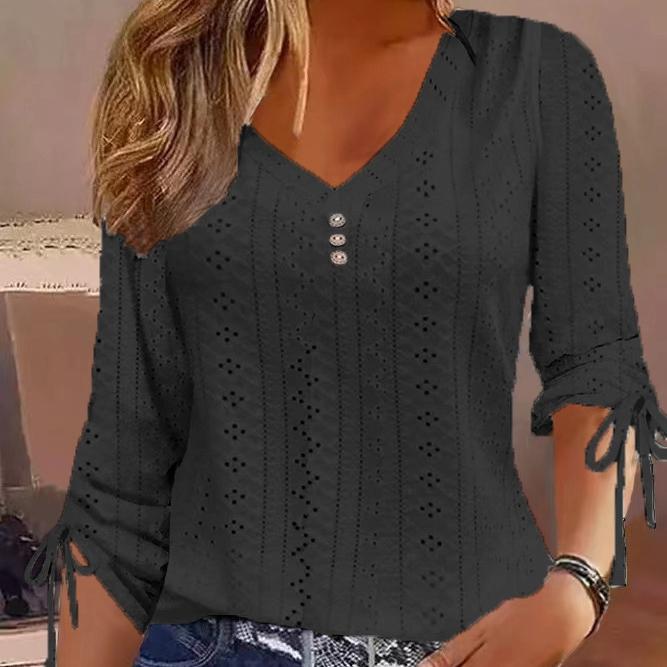 EastRogue Women's Fashion Casual Summer Solid Color Print Long Sleeve V-Neck Jacquard Button Loose Blouses & Shirts